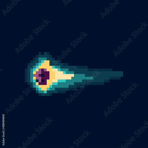 Falling asteroid celestial body in fire, catastrophe disaster in space isolated pixel art sign. Vector pixelated meteorite, burning flaming comet, falling star 8bit game design icon, meteoroid stone