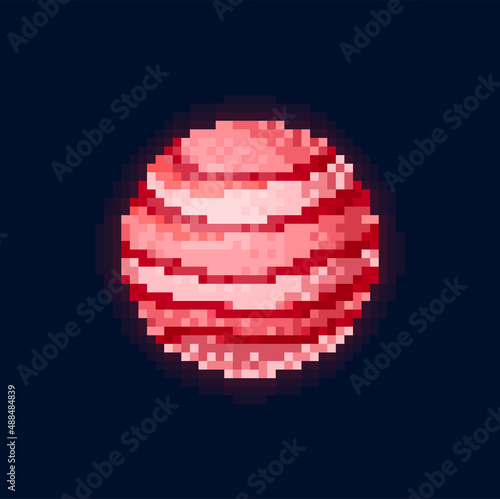 Red space planet in pixel art 8 bit game design, solar system sphere isolated on black. Vector cartoon galactic sphere alien world, satellite retro sphere. Discovery of globe universe, galaxy