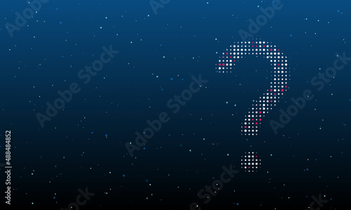 On the right is the question symbol filled with white dots. Background pattern from dots and circles of different shades. Vector illustration on blue background with stars