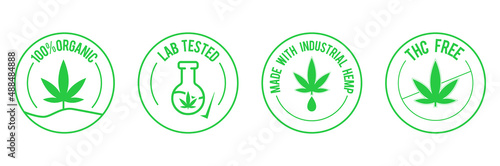 100% organic, lab-tested, made with industrial hemp, thc free icon set vector illustration 