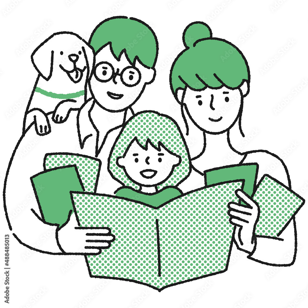 請求した資料を検討する子育て世代家族【女児と犬】 請求した資料を検討する子育て世代家族【女児と犬】