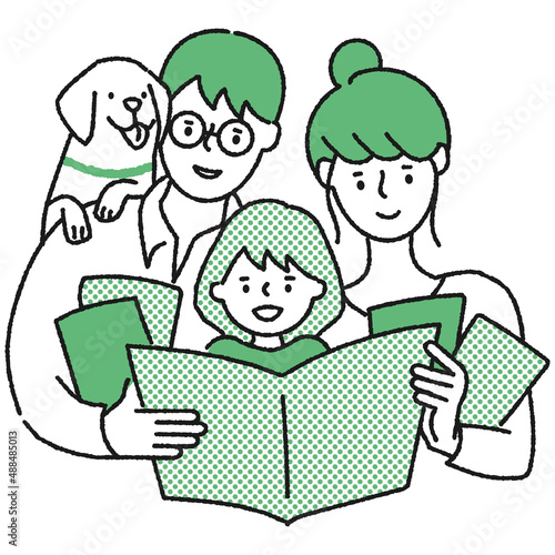 請求した資料を検討する子育て世代家族【女児と犬】