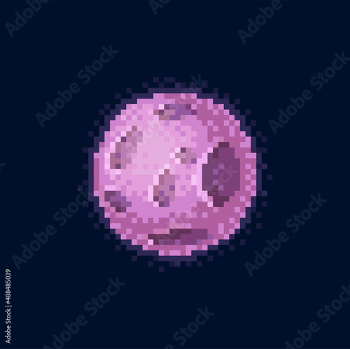 Interstellar astrology planet of purple color with craters, 8 bit game design element, alien world globe icon. Vector scientific celestial body in atmosphere, planet of solar system in pixel art