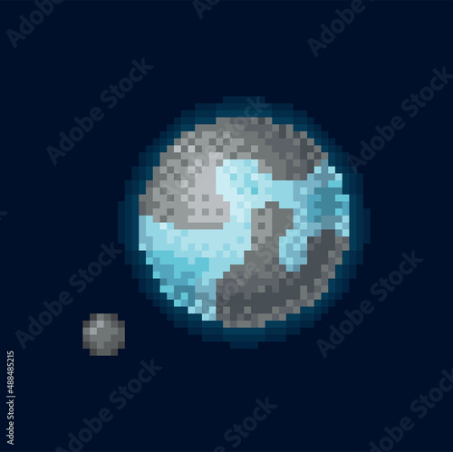 Small exoplanet and gray and blue pixel art planet, 8 bit game design element isolated on black. Vector small rocky metallic sphere with water aqua in outer space, celestial body magic alien world