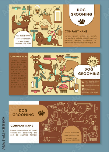 Voucher template for the dog grooming. Vector flyer. Horizontal banner with different breeds of dogs and care for them (brushing, trimming, eye care, ear cleaning, nail trimming), tools and supplies.