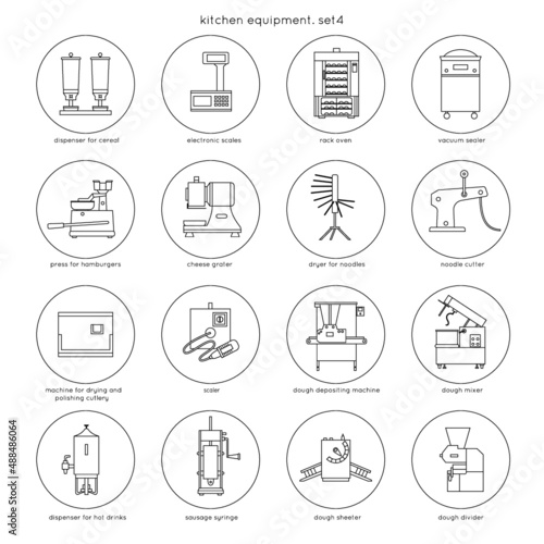 Kitchen equipment for restaurants and cafes: dispenser for cereal, electronic scales, rack oven, vacuum sealer, press for hamburgers, cheese grater, scaler, dough mixer. Set 4. Linear round icons.