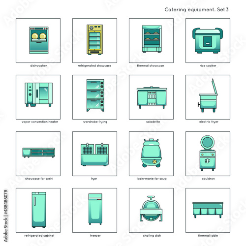 Professional kitchen equipment for restaurants and cafes: refrigerated showcase, dishwasher, showcase thermal, rice cooker, electric fryer, vapor convention heater. Modern color icons, set 3.