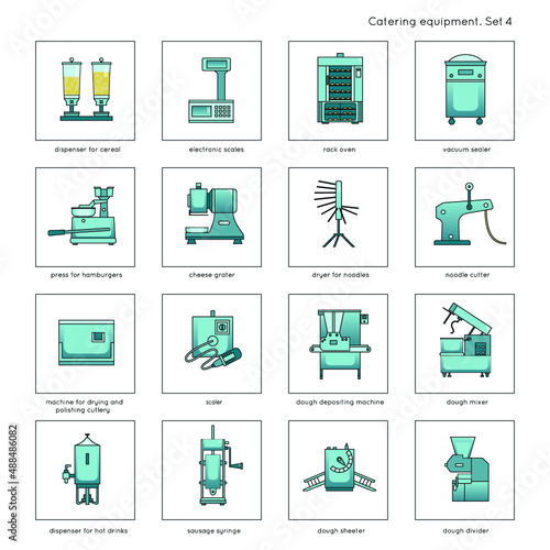 Professional kitchen equipment for restaurants and cafes: dispenser for cereal, rack oven, noodle cutter, cheese grater, press for hamburgers, scaler, dough mixer. Modern color icons, set 4.