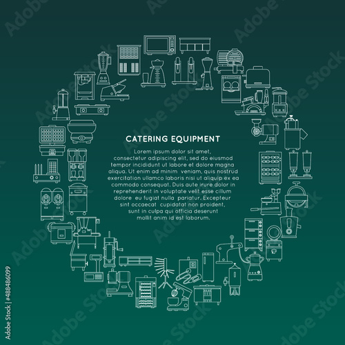 Vector frame made from kitchen appliance icon with promotional text inside. Line poster. White line drawing on a dark background. Round banner with catering equipment (blender, grill, juicer).