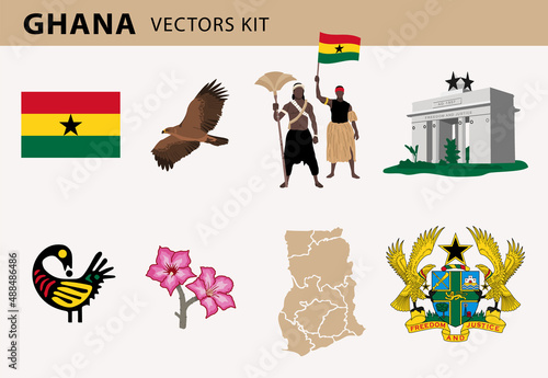 VECTORS. Ghana, national symbols, patriotic, emblems, coat of arms,  Independence Arch, Accra, Black Star square, sankofa, national flower, culture, people, eagle, map photo