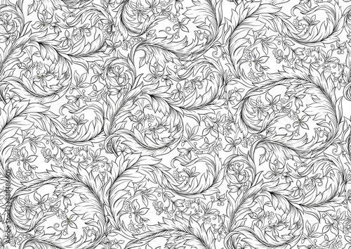 Decorative flowers and leaves in art nouveau style  vintage  old  retro style. Seamless pattern  background. Outline vector illustration.