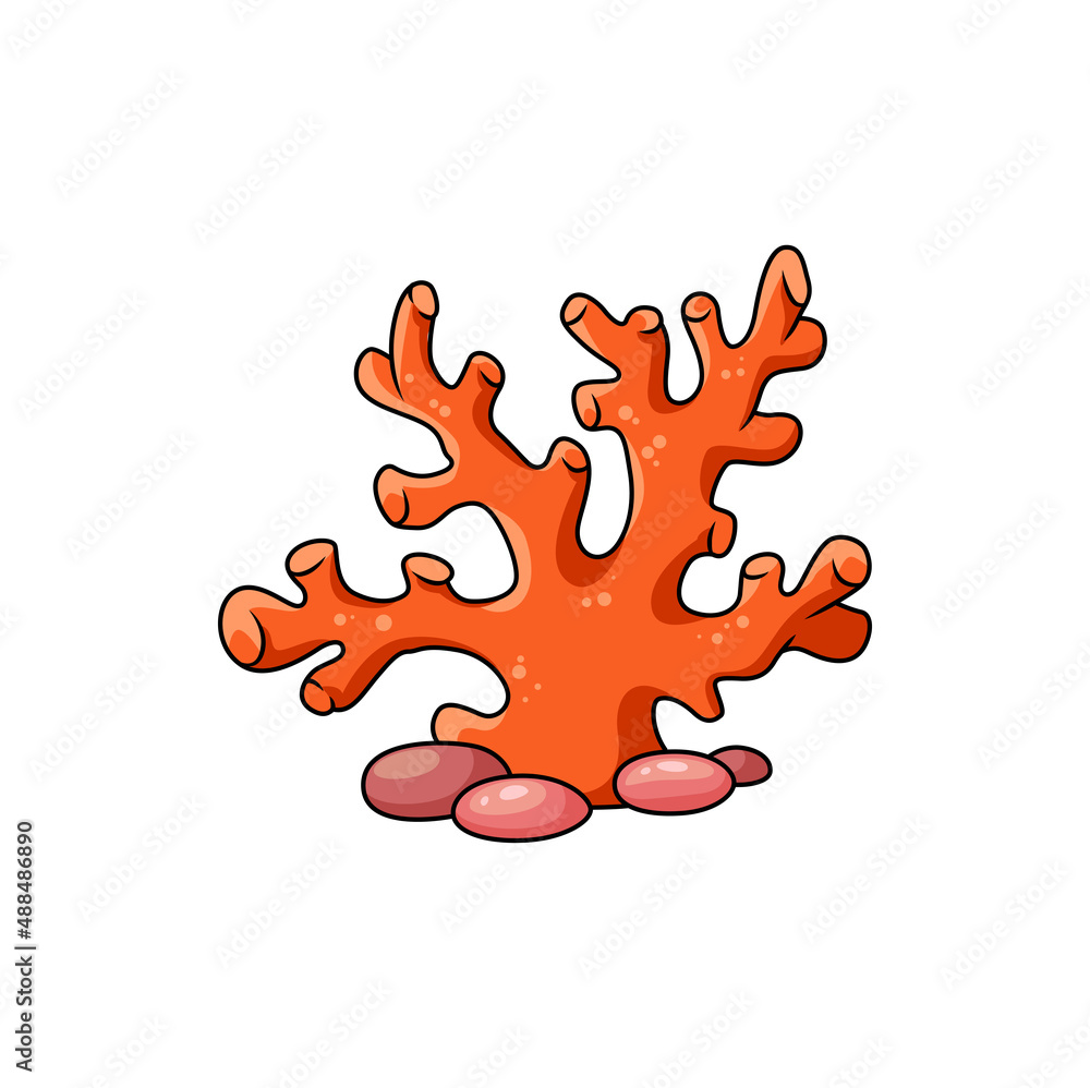 Finger leather coral with sharp edge and rocks isolated cartoon underwater plant. Vector undersea mushroom hard coral grown at sea bottom, aquarium tank decoration. Tropical seabed marine life object