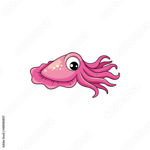 Shell squid cartoon personage with face and eyes isolated underwater character. Vector marine animal emoticon, pink squid, giant shellfish aquatic organism, calamari shellfish cuttlefish creature