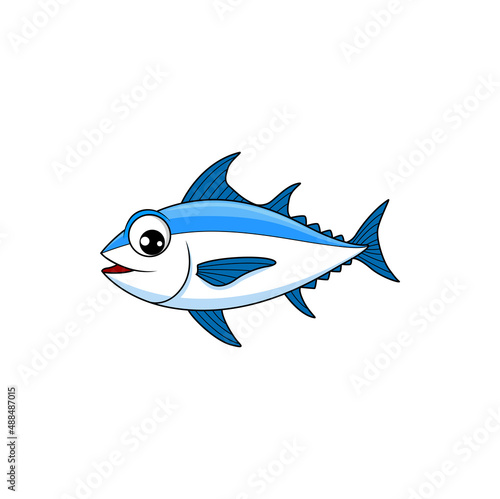 Bluefish mascot isolated tuna fish funny cartoon character animated personage. Vector fishing sport emblem, bluefish thunnus. Atlantic sardine, horse mackerel with flounders. Scombridae saltwater fish