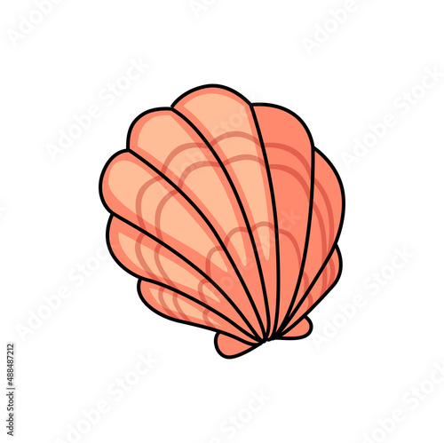 Giant Atlantic cockle isolated seashell red color cartoon icon. Vector Dinocardium clam, marine bivalve mollusk, cockle with pearl, beach decoration. Seafood oyster or scallop, underwater shellfish