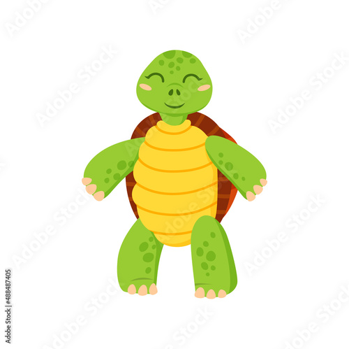Cartoon smiling turtle isolated funny little tortoise animal on rest. Vector cute friendly aquatic and terrestrial reptilian. Adorable sea or land dwelling reptile lying on back. Funny kids turtle toy