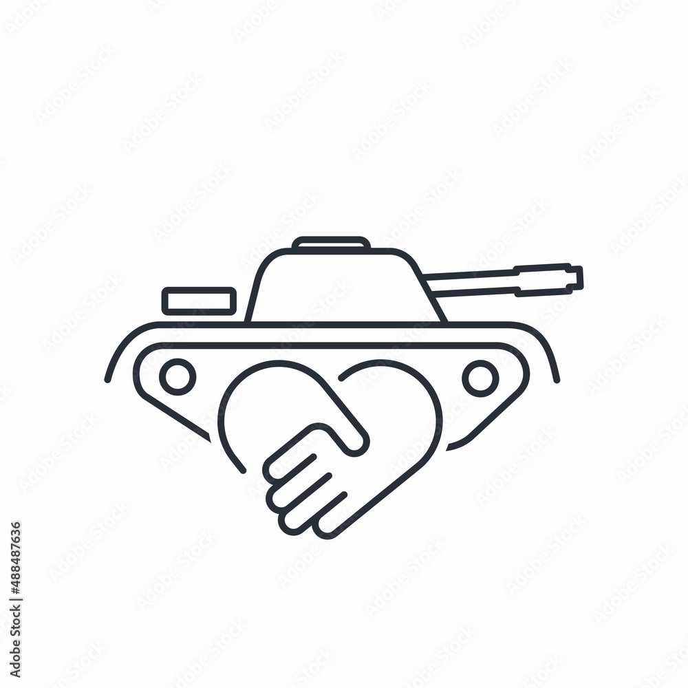 Tank and handshake. Military technical cooperation. Vector linear icon isolated on white background Tank and handshake. Military technical cooperation. Vector linear icon isolated on white background