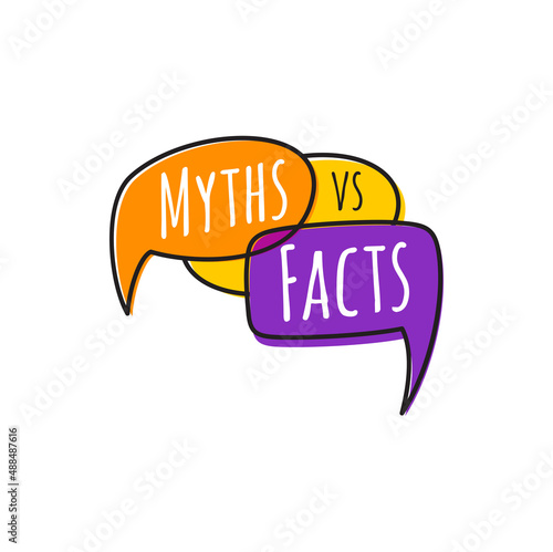 Facts vs myths versus battle, myths vs facts header design. Vector true or fiction news button, truth and lie. True and false badge, thorough fact-checking or easy compare evidence, speech bubble