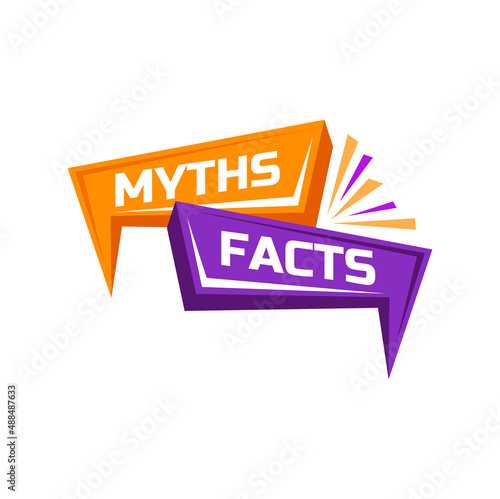 Rumor dishonest news myths versus facts badge, flat cartoon. Vector untruth, superstition evidence reality show badge, truth and false badge, disbelieve quiz header. Truth or lie quiz, fake or proof