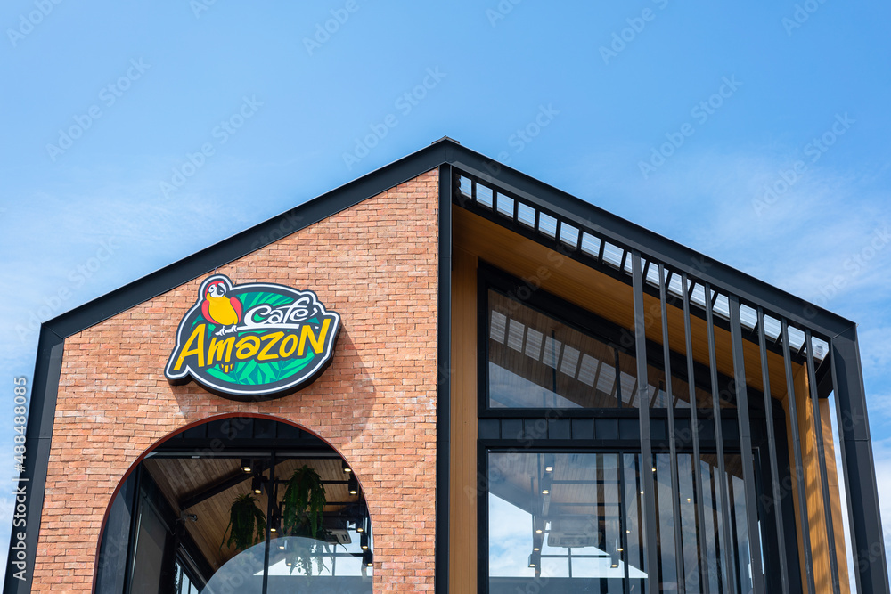 Thailand February 2022 "Cafe Amazon" a famous coffee franchise shop