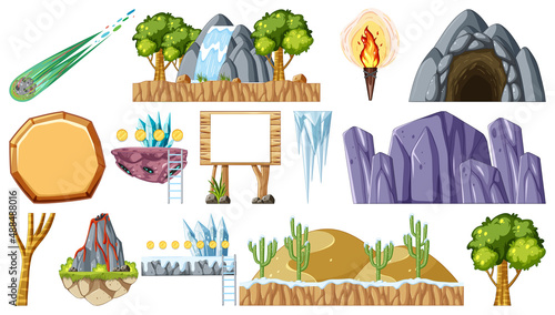 Set of isolated fantasy space game objects and elements