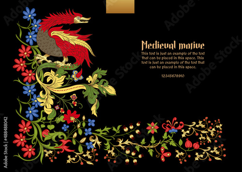 Floral and animal vintage Medieval illuminati manuscript inspiration. Romanesque style. Template for greeting card, banner, gift voucher, label. Vector illustration.