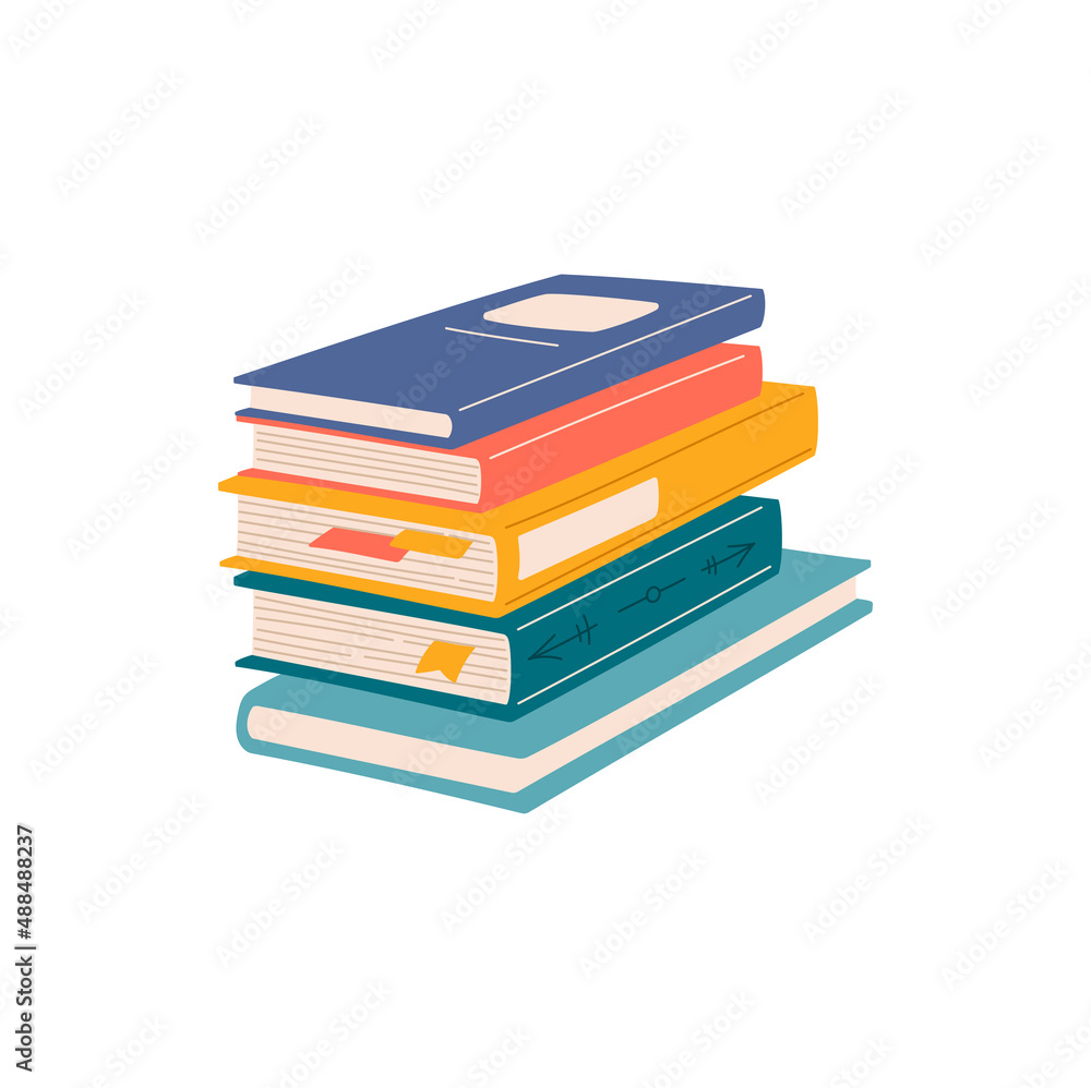 Row of textbooks in color hardcovers isolated stacked books with bookmarks flat cartoon style learning materials. Vector studying reading bibliography objects, educational source of information Row of textbooks in color hardcovers isolated stacked books with bookmarks flat cartoon style learning materials. Vector studying reading bibliography objects, educational source of information