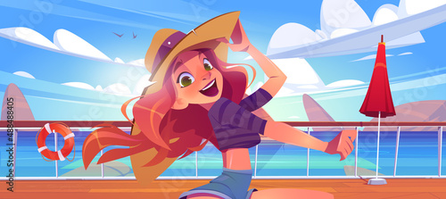 Happy girl on cruise ship deck. Vector cartoon landscape of sea with rocks and beautiful woman in hat on wooden boat deck or quay with railing, umbrella and lifebuoy