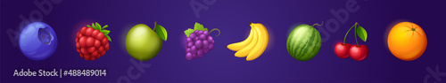 Fruit and berries icons, orange, apple, banana and watermelon isolated on blue background. Vector cartoon set of food symbols, blueberry, raspberry, cherry and grape