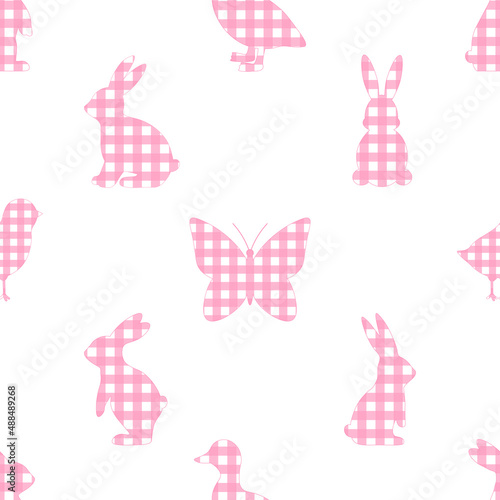 Seamless pattern Easter Bunny Buffalo plaid Chicks flowers vector illustration