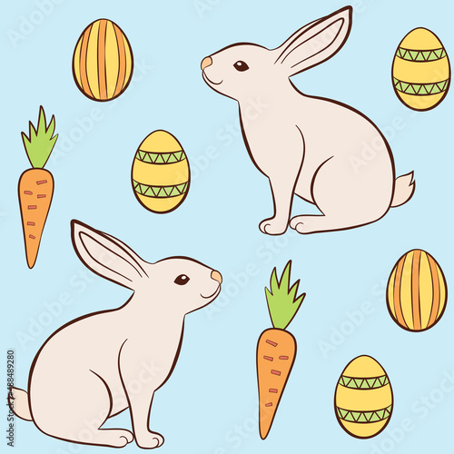 Easter rabbits seamless pattern, vector illustration with bunnies, eggs and carrots, paschal rabbits print, gift paper design