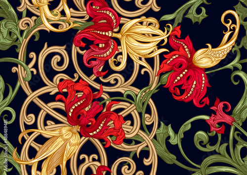 Classical luxury old fashioned royal baroque, historical ornament with lilies, victorian floral Seamless pattern, background. Vector illustration.