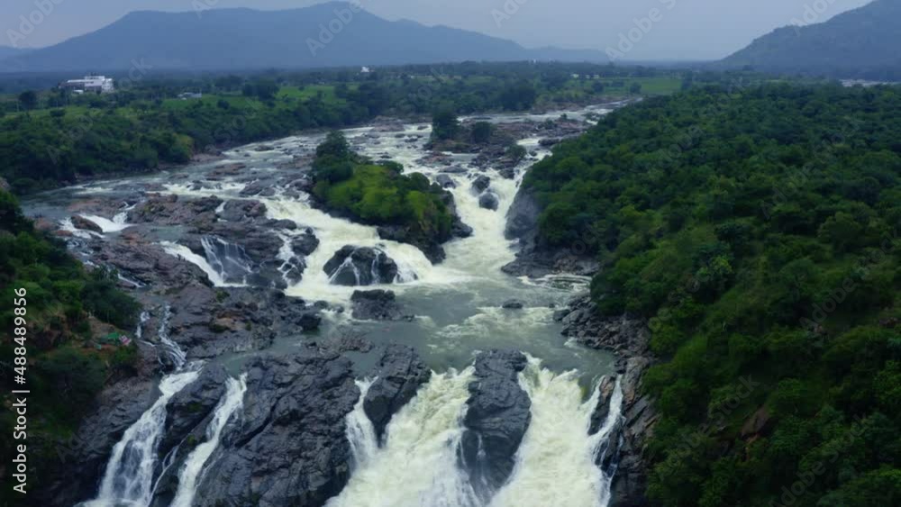 Waterfall Aerial view - Bird's eye view of Huge tropical waterfalls Karnataka India Waterfall Aerial view - Bird's eye view of Huge tropical waterfalls Karnataka India