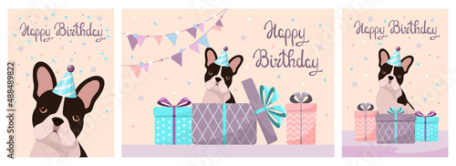 A set of greeting cards with a French bulldog. Happy Birthday. Cartoon design. Vector illustration.
