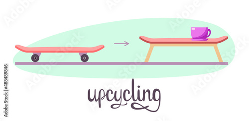 Make a table out of a skateboard. Cartoon design. Upcycling.