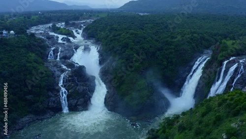 Waterfalls Aerial View - Scenic Tropical Jungle Waterfalls - Shivanasamudra India photo