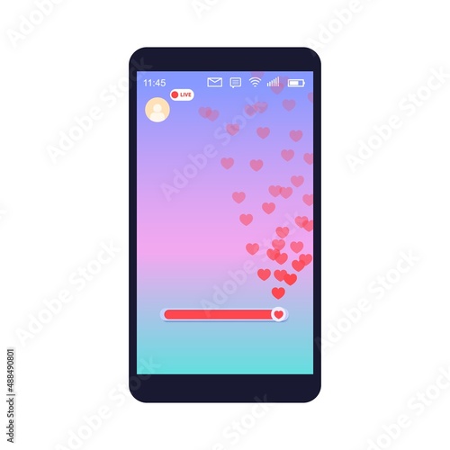 Mockup of mobile app with like slider live streaming. Interface photo frame design social media application network post template with flying multicolored hearts. Vector illustration for video chat.