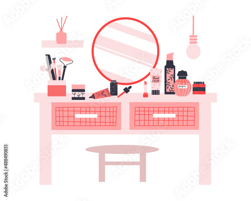 Dressing table with cosmetic products and mirror on a white background. Woman boudoir. Vector flat illustration