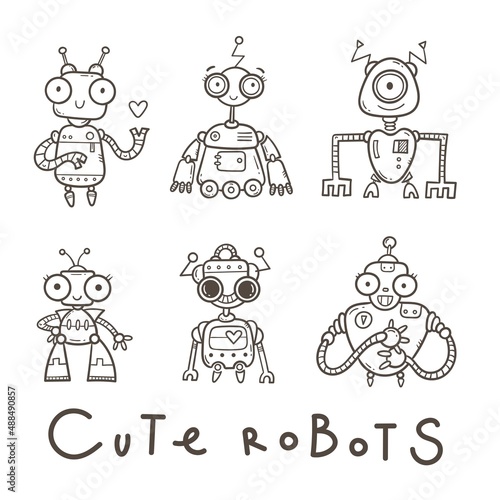 Vector set with  cute cartoon robots. Funny doodle characters collection. Illustration for children.