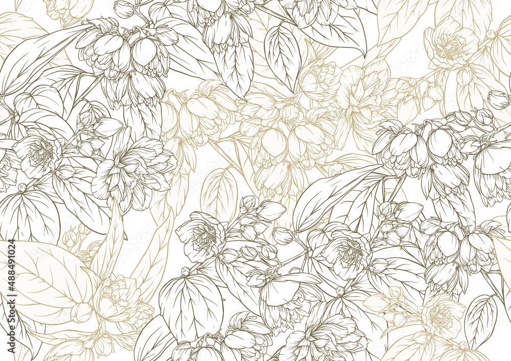 Jasmine Seamless pattern, background. Vector illustration. In botanical style on white background.