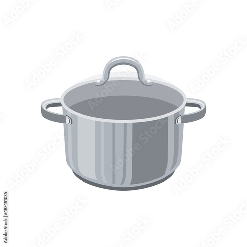 Steel cooking pot with lid. Cartoon saucepan, subject of to cooking. Vector Illustration.