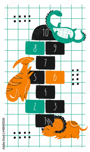 Hopscotch. Colorful rug for a children's room with cartoon dinosaurs. Hand-drawn, flat style. In green and orange colors. Vector.