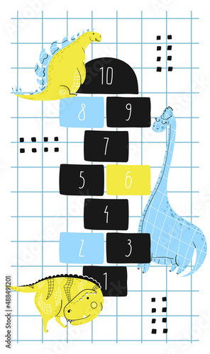 Hopscotch. Colorful rug for a children's room with cartoon dinosaurs. Hand-drawn, flat style. In blue and yellow colors. Vector.