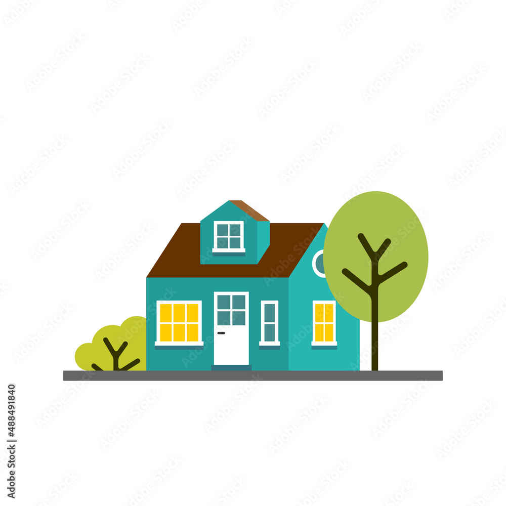 Small cartoon turquoise house with trees, isolated vector illustration Small cartoon turquoise house with trees, isolated vector illustration