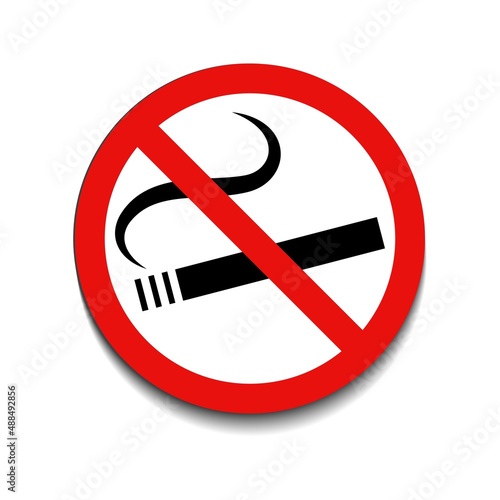 Do not smoke sign with red round crossed smocking cigarette on white background. Not allowed alcohol symbol. Vector illustration in trendy round flat style. EPS 10