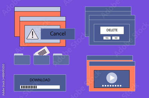 Modal pop up window with start downloading the command. Computer crash warning in browser. Popup informational notification, interface problem on the desktop. Failure, many tabs in window. Vector