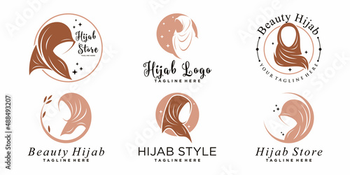 Set bundle of muslimah hijab logo design with modern concept Premium Vector