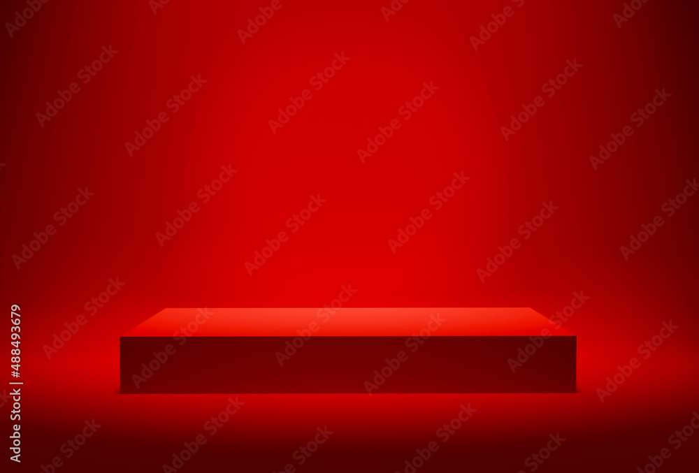 Blank red platform or pedestal for product display. Empty stand for showing or presenting Christmas or valentines day products.
