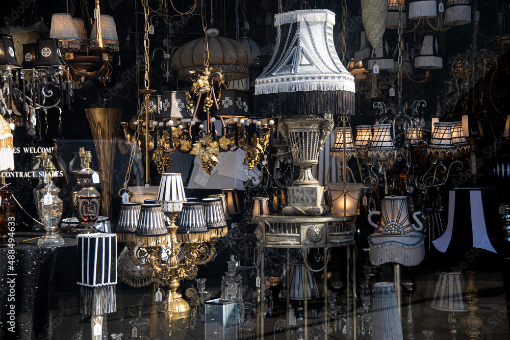 Hanging lamps in a London shop