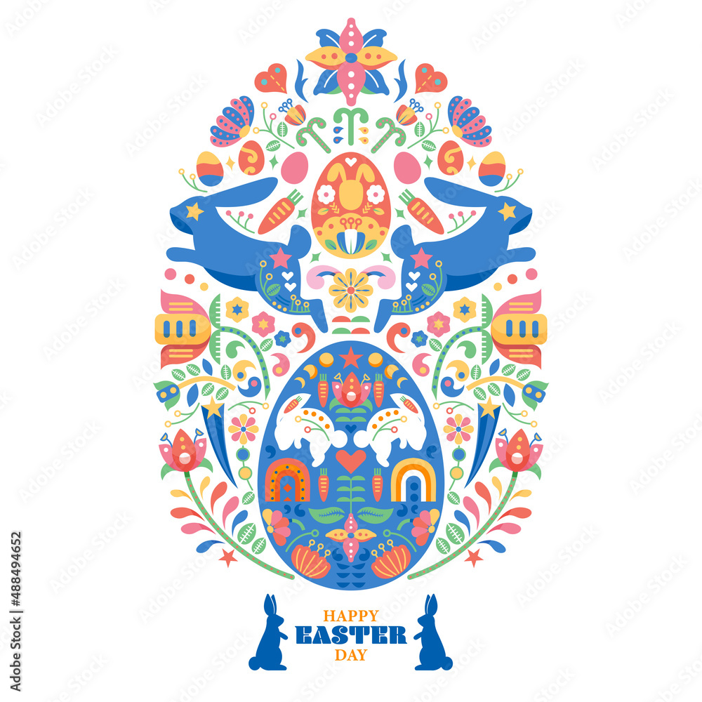 Happy Easter. Cartoon cute folk rabbit with bouquet of flowers pattern vector illustration